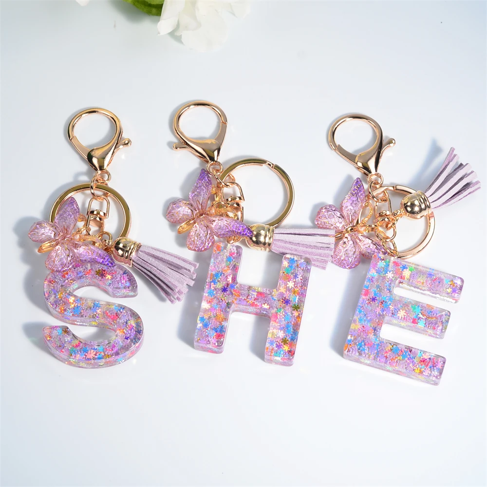 

A-Z Tassel Letters Keychain Colourful Flower Filled Initials Keyring Gradient Butterfly Pendant Women Handbag Accessories Gifts