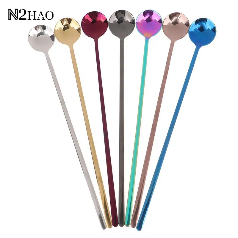 

Portable Tea Scoop Multicolor Long Handle Stainless Steel Straw Cocktail Coffee Ice Cream Dessert Spoons Kitchen Bar Supplies
