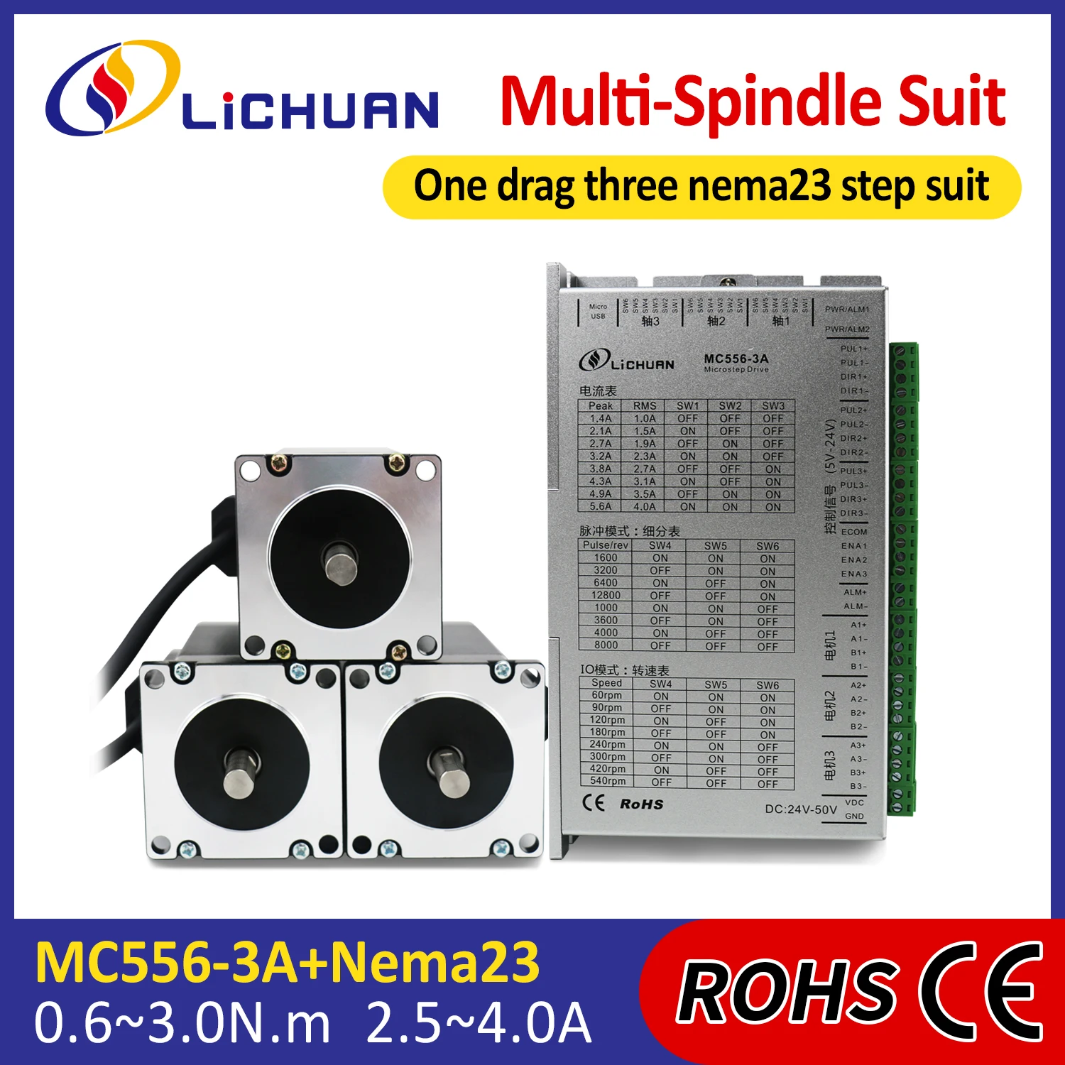 0 6/1/1.5/2/2.2/2.6/3N. 3-осевой шаговый двигатель постоянного тока 24 В ~ 50 в 2 5/3/4A 2-фазный Nema23