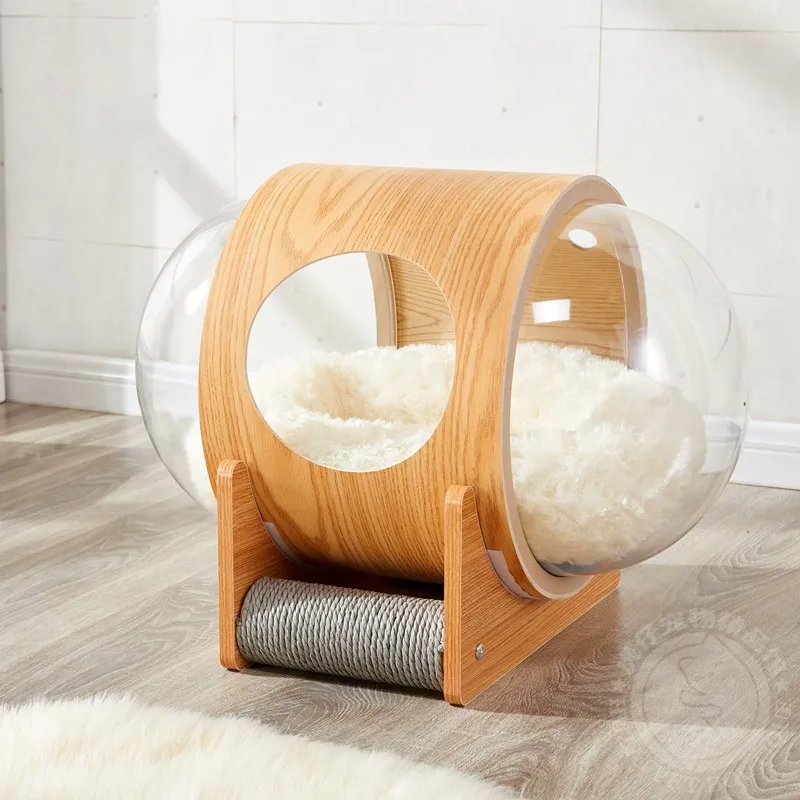 

Spacecraft Cat Nest Cat Bed with Soft Cushion Cat House Capsule-shape Pet Sleeping Nest Transparent Wood Pet Bed for 4 Seasons