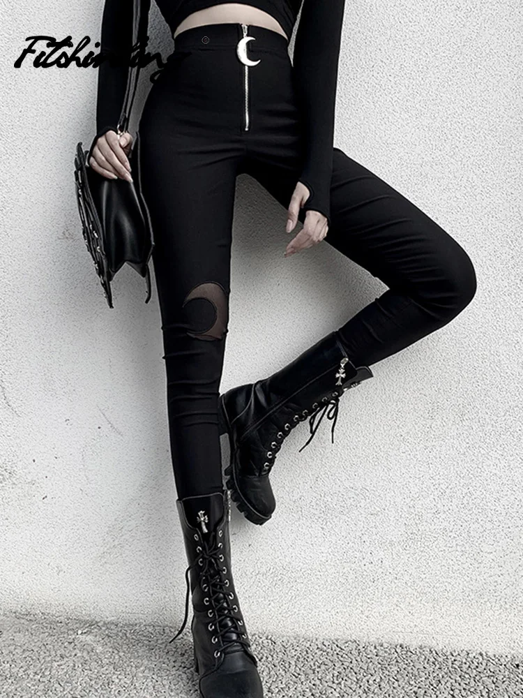 

Fitshinling Gothic Zip Up High Waist Pencil Pants Women Mesh Moon Black Slim Trouser Spring Grunge Punk Black Joggers Femme