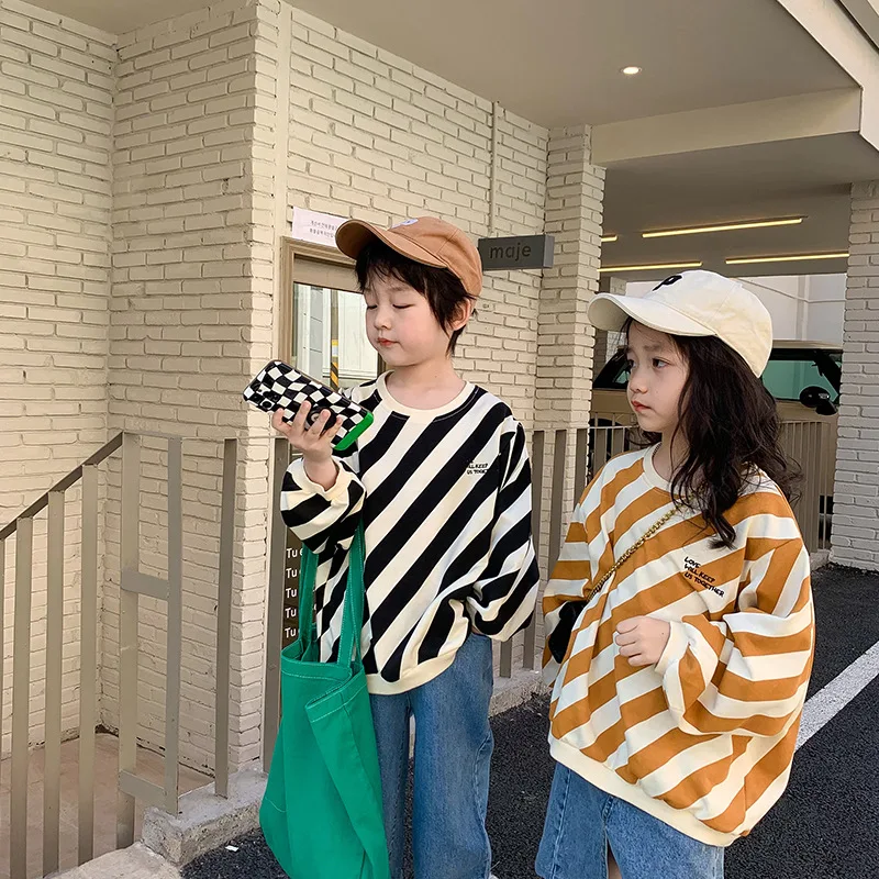 

Весенние детские модные толстовки в диагональную полоску хлопковые Толстовки большого размера для мальчиков и девочек