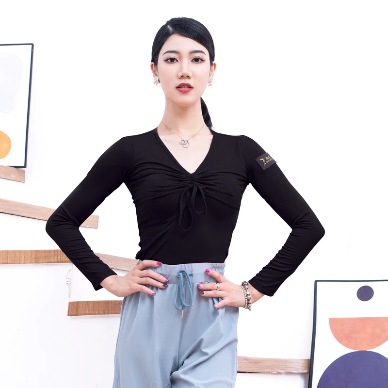 

2023 New Latin Dance Tops For Women Long Sleeved Drawstring Shirts Female Chacha Rumba Tango Dress Latin Practice Wear DN15982