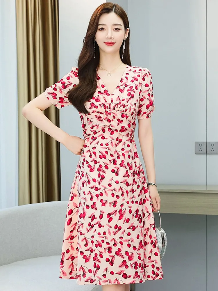 

2022 Summer Women's Fashion Small Floral Print Dress Casual Office Lady V Neck Collar Short Sleeve Elegant Long Party Dresses