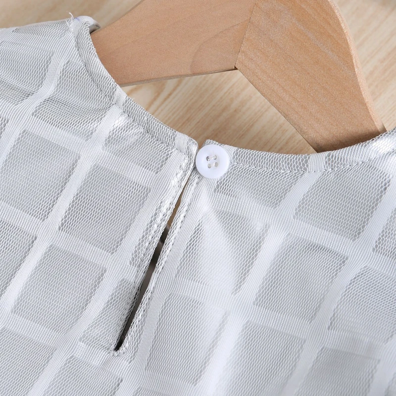 Pretty Princess Summer Short Sleeve Plaid PU Top T-shirts Mesh Flower Knee-length Skirts Kids Baby Children Clothing Set 2pcs