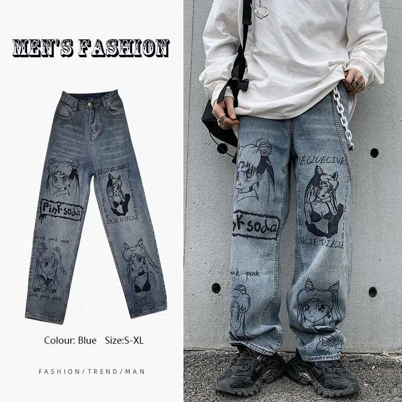 Jeans Trousers Men's Brand Clothing Cartoon Anime Print Harajuku Men Pants Casual Fashion Graffiti Loose Streetwear Ropa Hombre