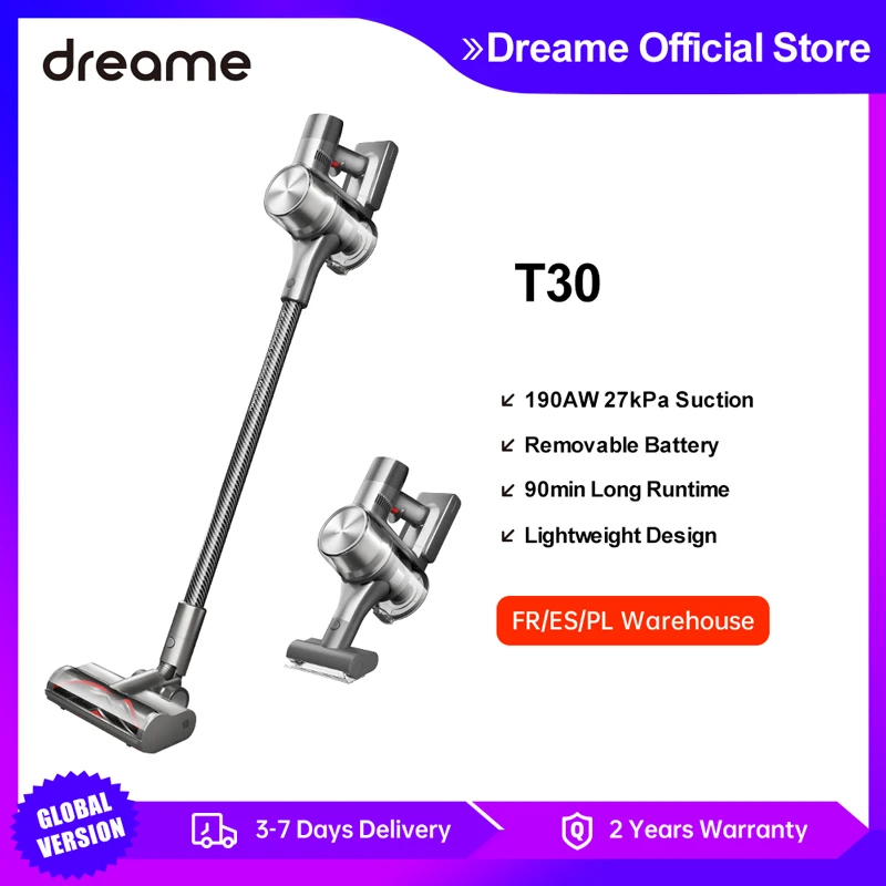 

EU Dreame T30 Cordless Vacuum Cleaner, 90mins Long Runtime Stick Vacuum, 190 AW Robust Suction Handheld Vacuum, Cordless Vacuum