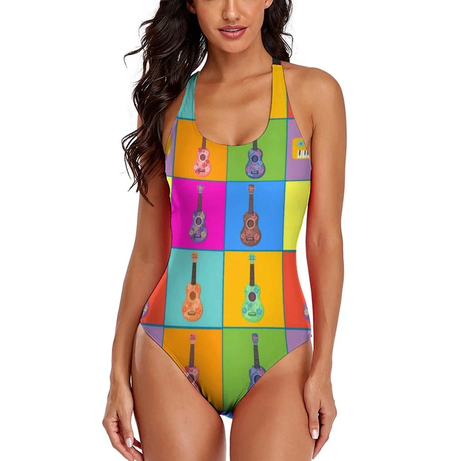 

Красочный музыкальный купальник, художественный слитный купальник для поп-укулеле, монокини с пуш-ап для фитнеса, боди с перекрестной спинк...