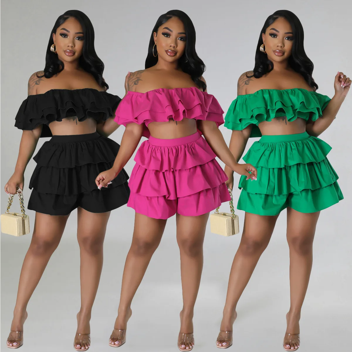 

Ruffles Women Short Set 2023 Summer Sweet Outfits Stretch Cropped Top with Ruffles and Cute Mini Shorts Streetwear 2 Piece Suits