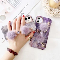 luxury marble hair ball wristband chain phone case for iphone 13 12 11 pro max xr x 7 8 plus fashion diamond bracelet soft cover