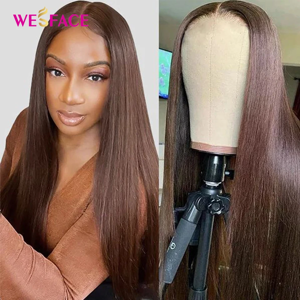 Chocolate Brown Straight T Part Lace Wig Transparent Colored Human Hair Wigs For Women Lace Closure Wigs 180 Density Brazilian