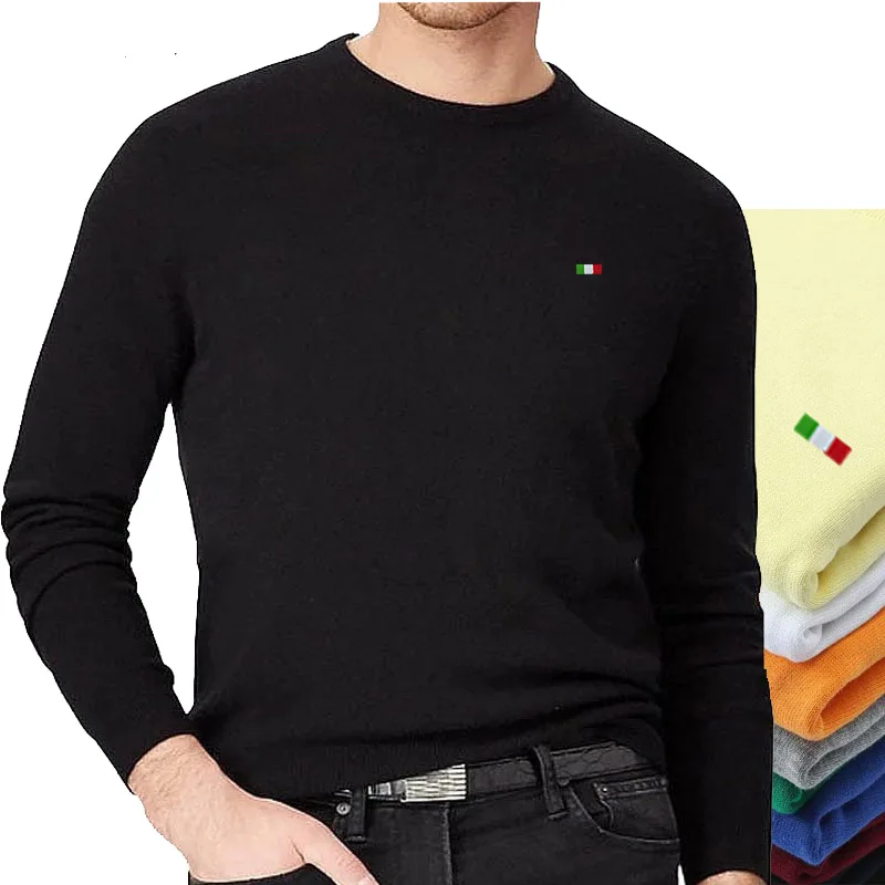 

Spring Men's O-Neck Knit Pullover Polos Sweater Italy Logo Long Sleeve Pure Color 100% Pure Cotton Casual Sweater Shirt Tops M13