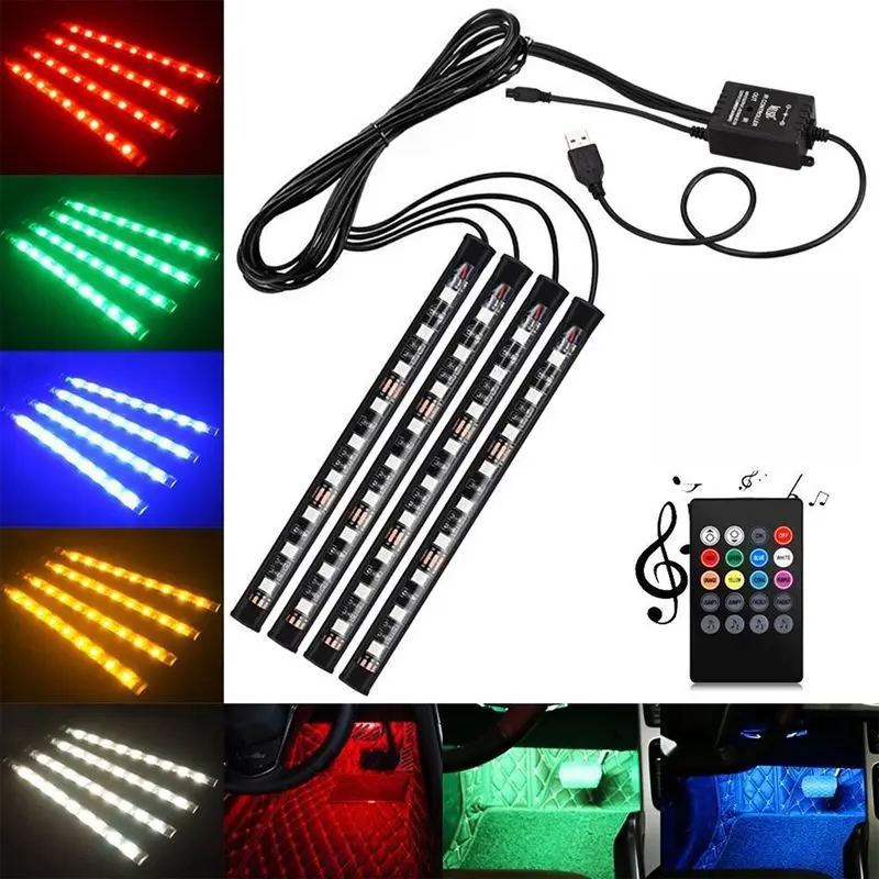 4X DC12V 9 светодиодов RGB для салона автомобиля атмосфера полоса ног USB-зарядное