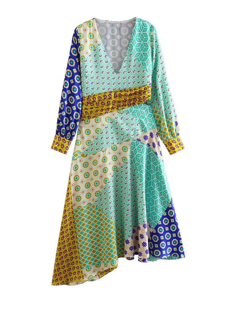

2023 Summer Women Fashion Patchwork Print Asymmetric Midi Dress Vintage V Neck Long Sleeve Dresses Elegant Beach Female Vestidos