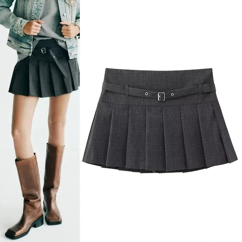 

TRAF 2023 Woman Gray Pleated Skort Vintage Belted Hidden Zip Skirt Shorts Female Korean Fashion Mid Rise Mini Skirt Summer Skort