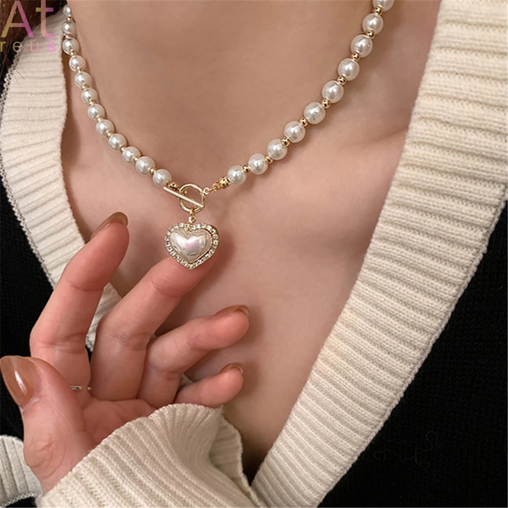 

Luxury Imitation Pearl Heart Necklace Beaded Choker Necklace Pendant Chain Necklace Valentines Day Bridesmaid Gift Boho Jewelry