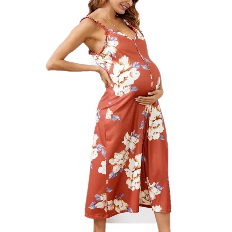 Summer Pregnancy Clothes Maternity Dresses Plus Size Dress Cotton Floral Sleeveless Sling Backless Beach Casual Maternity Gown enlarge