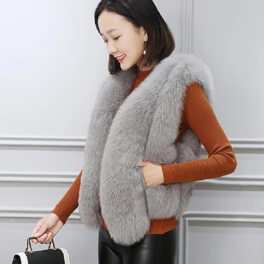 

women's jacket Faux fur Winter Vest coat Fake Fox Fur waist patchwork fur thicken warm short jacket sleeveless outwear L1696