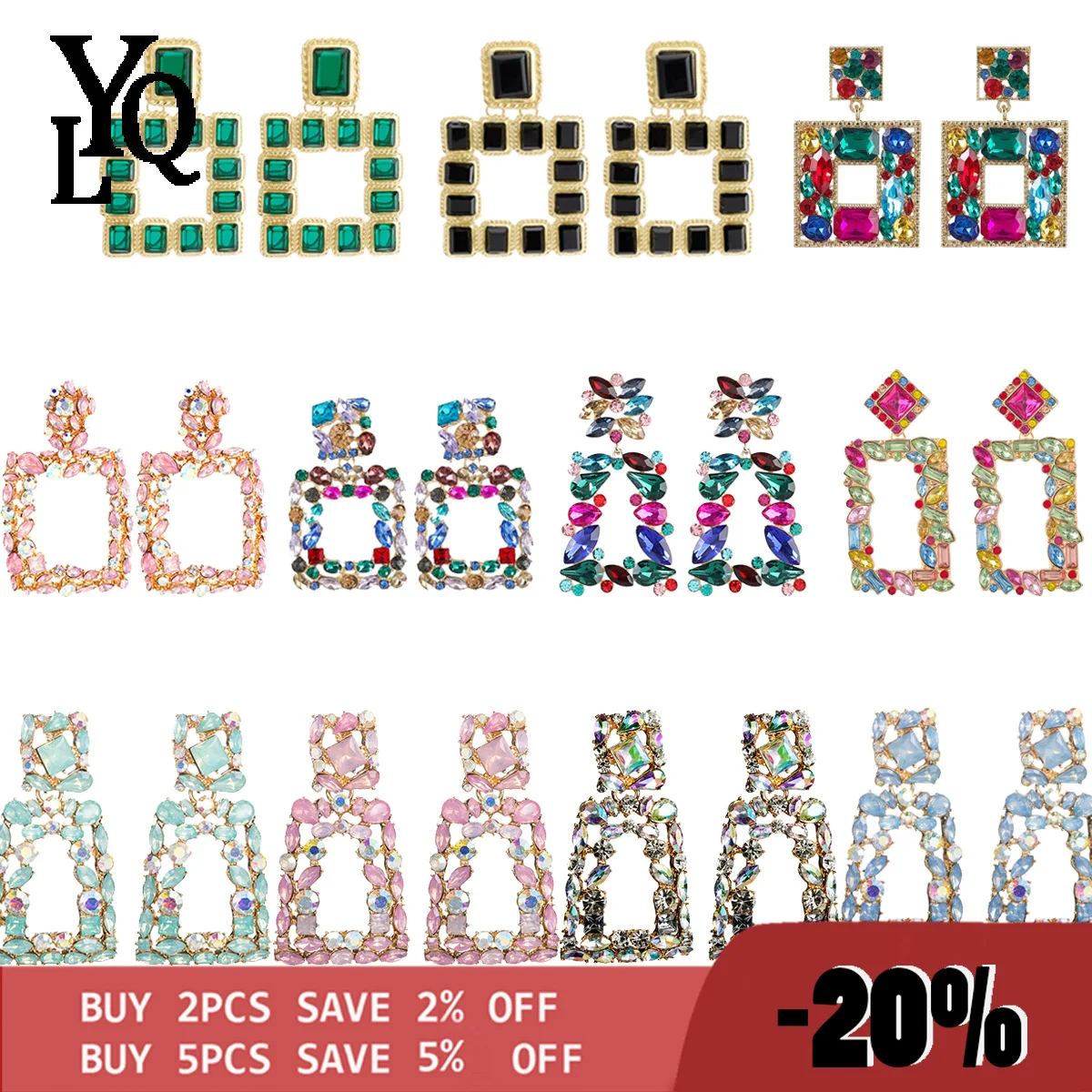 

Hot Sell Hanging Gold Color Square Dangle Drop Earrings Colorful Crystal Fashion Rhinestone Jewelry Accessories for Women