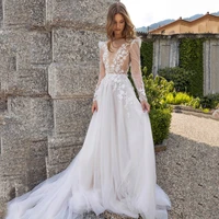 eightree sexy wedding dresses long sleeves v neck appliques bride dress bobo beach a line tulle wedding evening gowns plussize