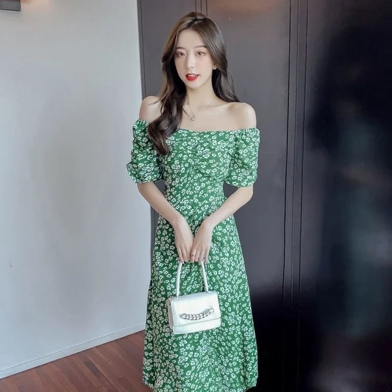 

Short Sleeve Dress Women Summer Floral Mid-calf Sweet Ladies Holiday Empire Leisure Chic Ins Simple All-match New Clothing Retro