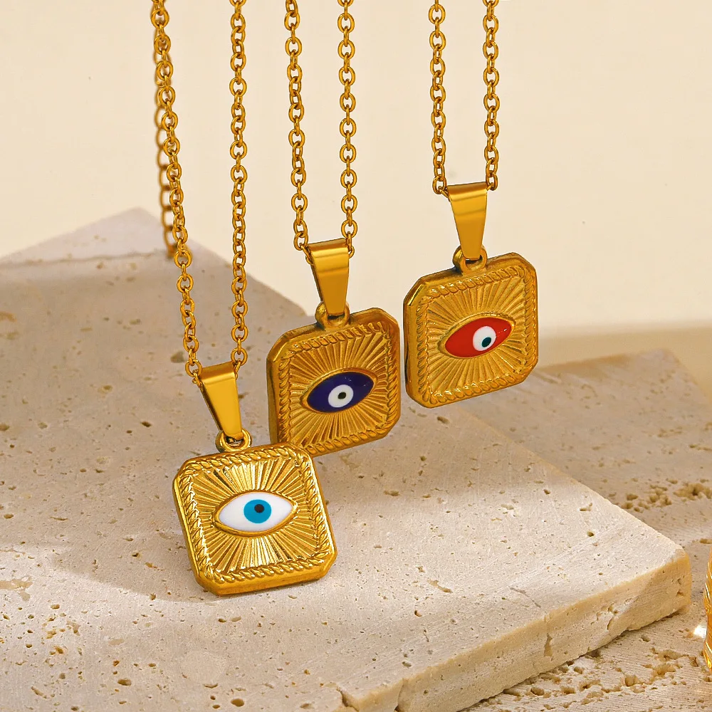 

Enamel Color Evil Eyes Necklace Stainless Steel Square Demon Eye Pendant Necklaces for Women Girl Party Jewelry Waterproof