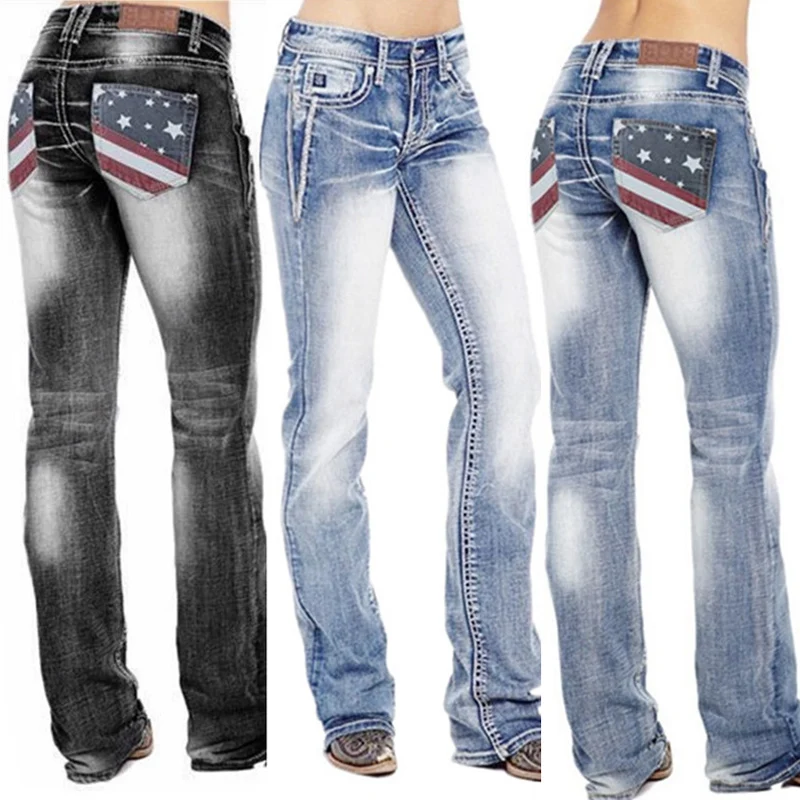 

Woman Jeans High Waist Clothes American Flag Stretch Washed Bootcut Jeans for Vintage Pants Quality 2021 Fashion Casual Pants