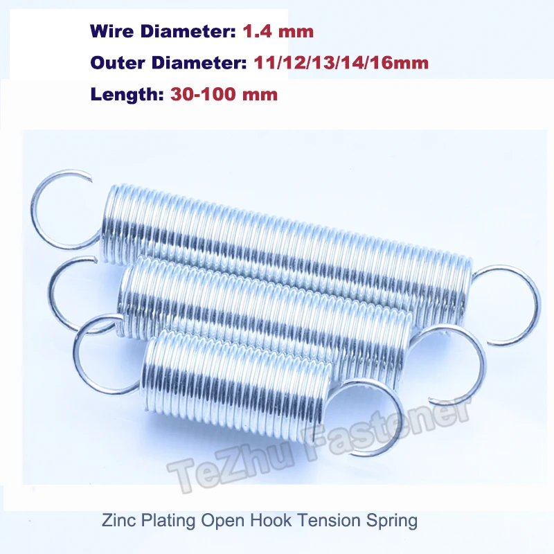 

2/5pcs Wire Dia 1.4mm Open Hook Steel Springs Pullback Tension Return Spiral Spring Set Zinc Plating Wallet Length 30mm~100mm