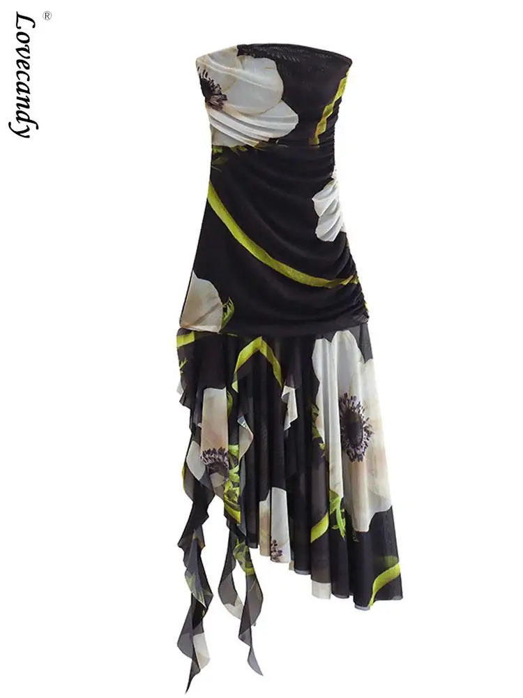 

Off Shoulder Print Tulle Corset Dress Women Pleated Summer Backless Ruffles Midi Dresses For Female 2023 Party Vestidos Ladies