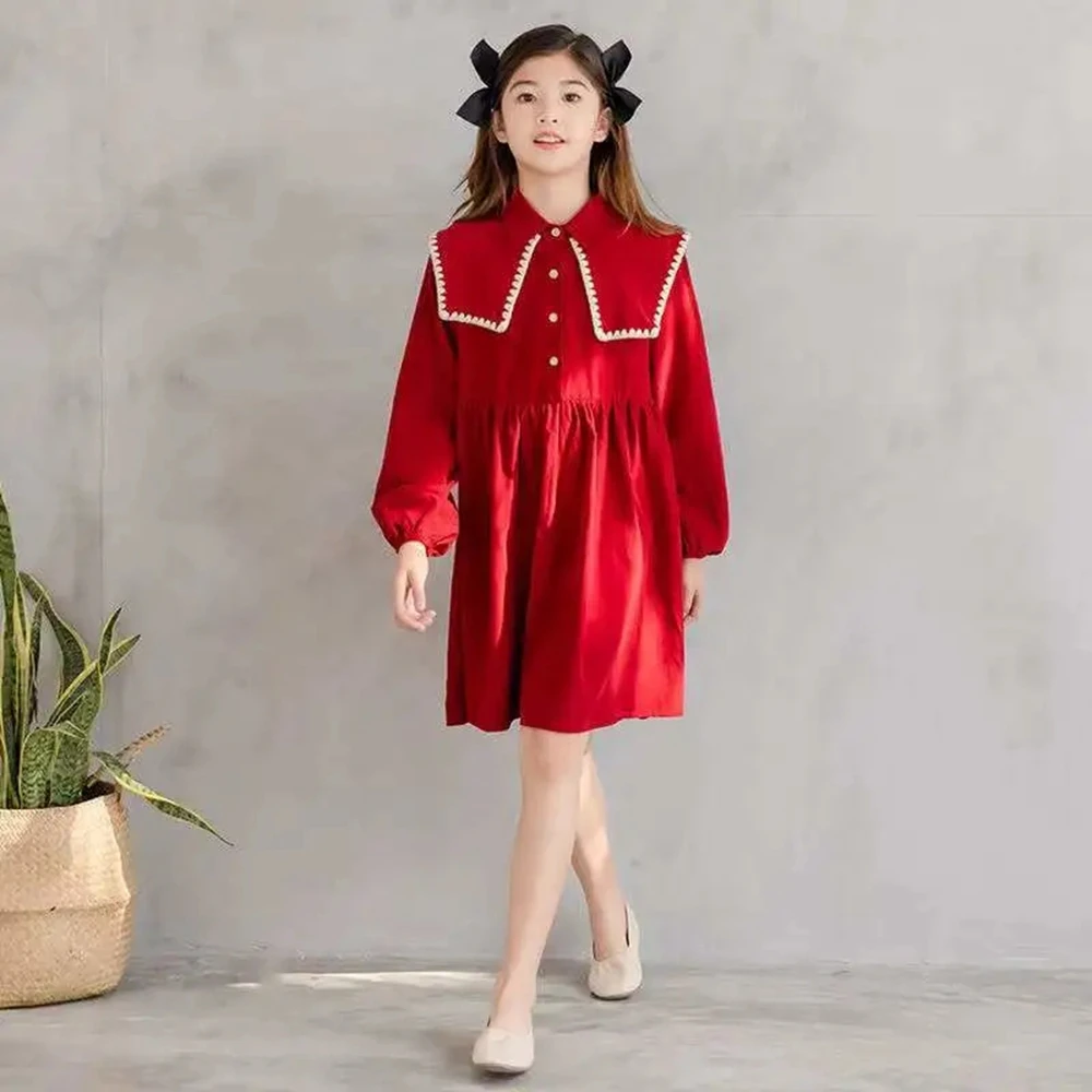 

4-15Years Girls Long Sleeve Dress Kids Corduroy Turn Down Collar Princess Dresses for Girls Loose Full Casual Dress Children 14