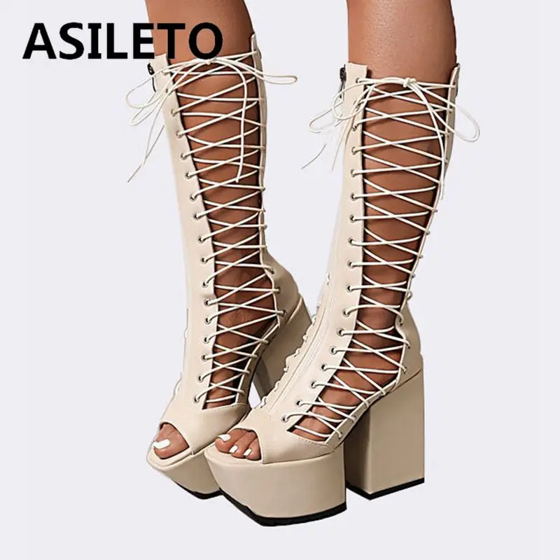 

ASILETO Women Knee High Summer Boots Peep Toe Thick Heels Cross-Tied Zipper Platform Rome Plus Size 35-46 Black Apricot S3604
