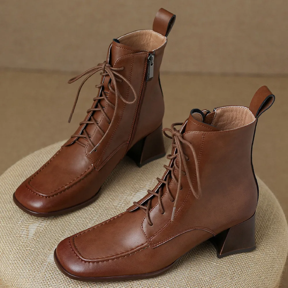

Women's genuine leather 5cm thick med heel square toe side zip lace-up autumn ankle boots casual female short motorcyle boots