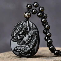 natural black obsidian hand carved phoenix pendant fashion boutique jewelry men and women lucky zodiac necklace