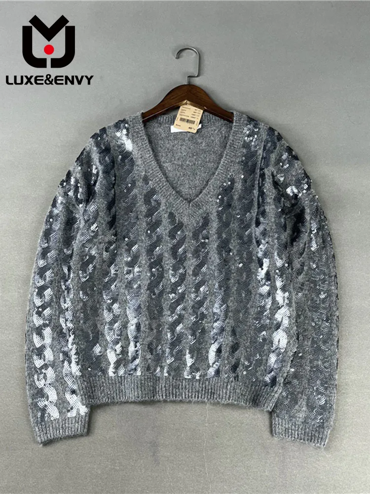 

Роскошный и ENVY оригинальный французский однотонный осенне-зимний модный Свободный Тонкий пуловер с V-образным вырезом и блестками вязаный свитер