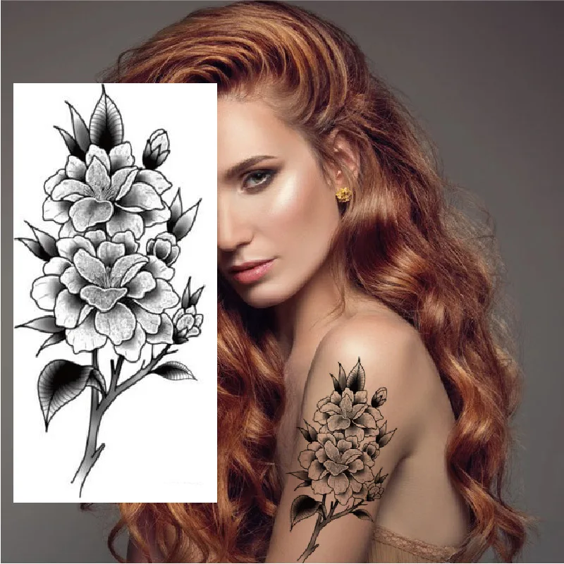

Black White Sketch Flowers Waterproof Melanin Flower Tattoo Stickers Body Art Disposable Fake Temporary Tattoos For Women