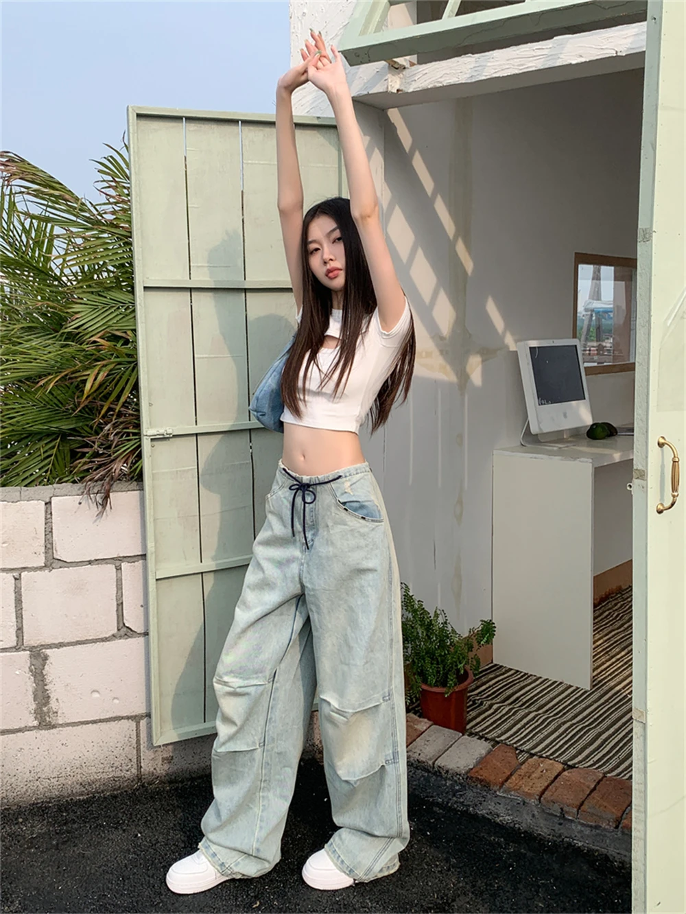 2023 New Spring/Summer Women's Retro Loose Relaxed High Waist Drawstring Slim Straight Leg Wide Leg Jeans