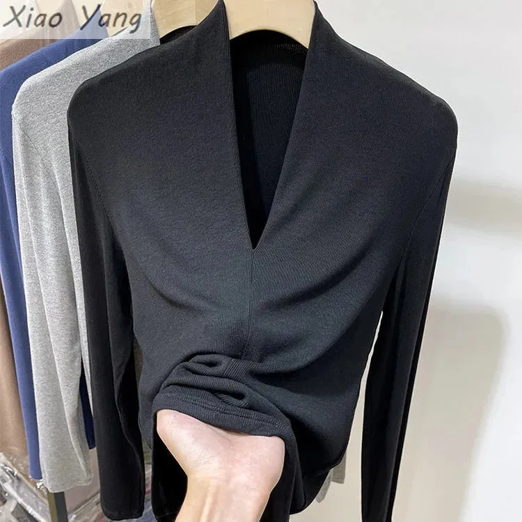 

Women Cotton Long Sleeve T-shirt V-NECK Solid color Lady Tees Winter&autumn Women's clothing All match Female T-shirts