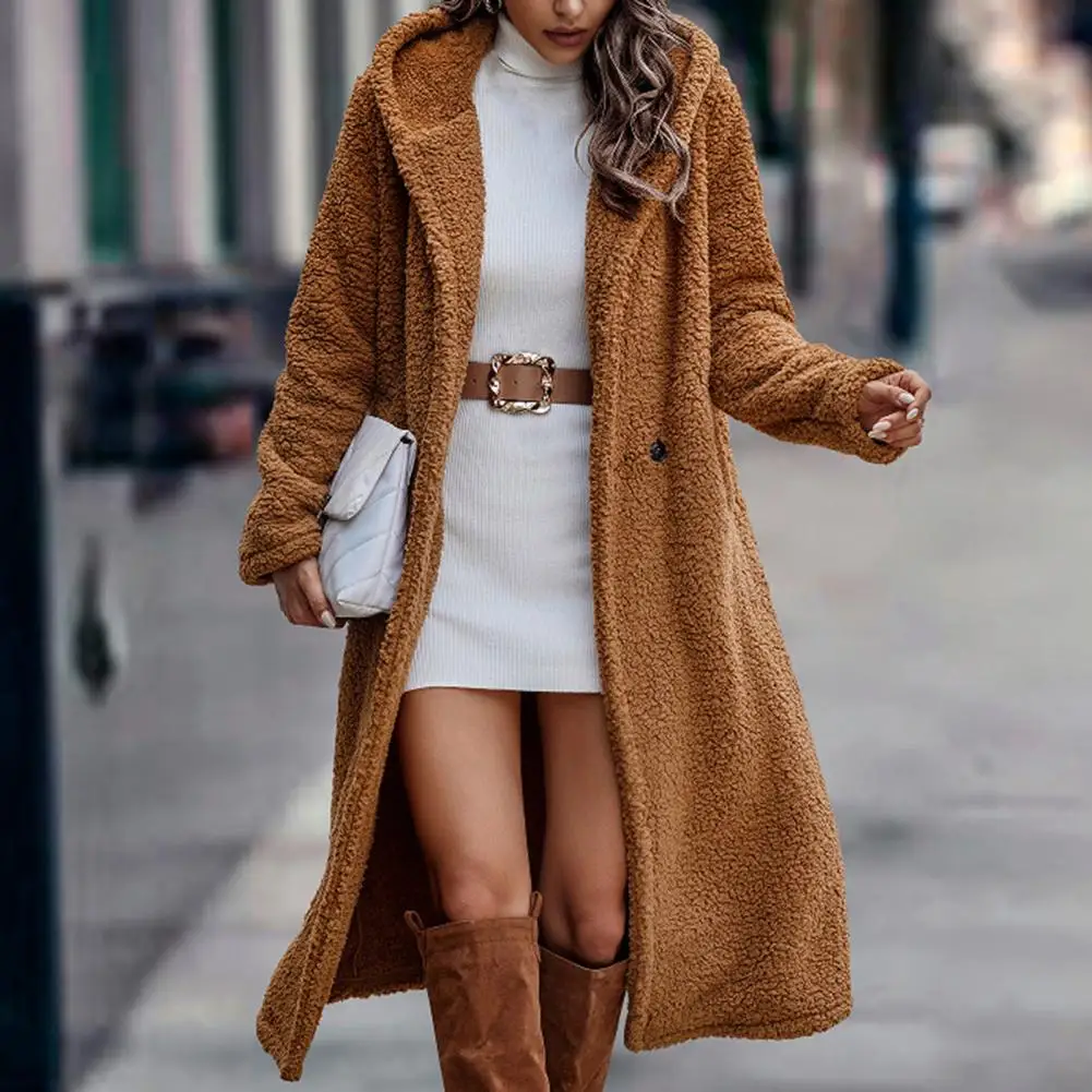 

Women Winter Coat Thick Solid Color Hooded Hat Long Sleeve Keep Warm Woolen Mid-calf Length Lady Overcoat for Outdoor Chaquetas