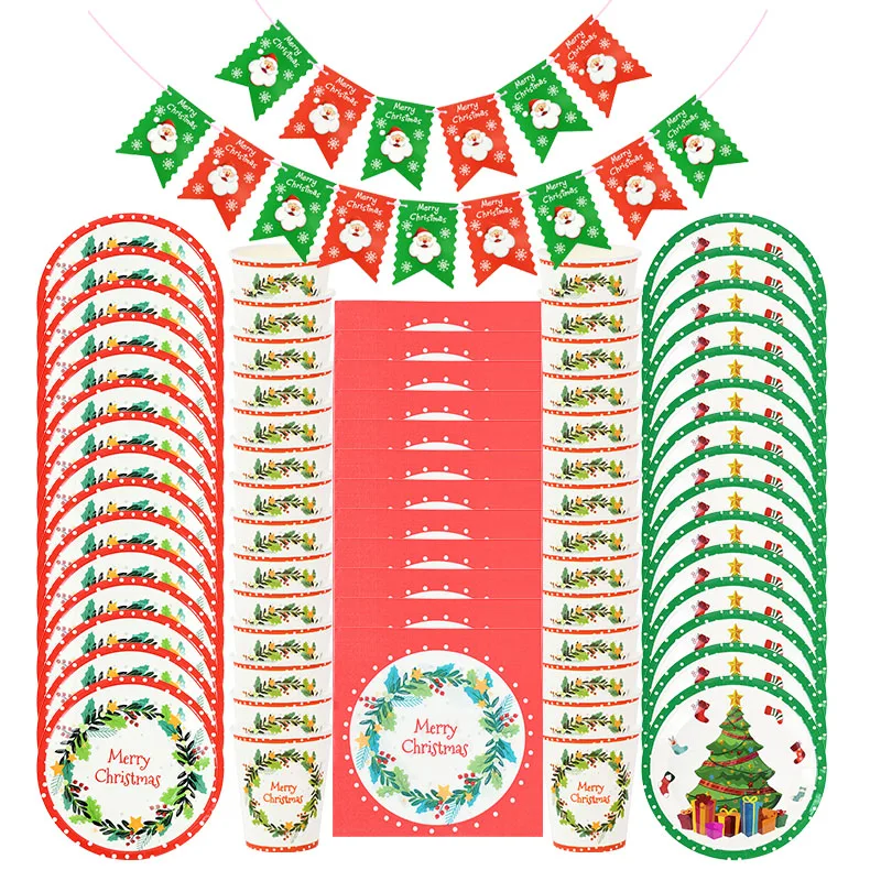 

Merry Christmas Disposable Cutlery Christmas Party Decoration Supplies Christmas Banner Paper Cups Plates Napkins Cutlery