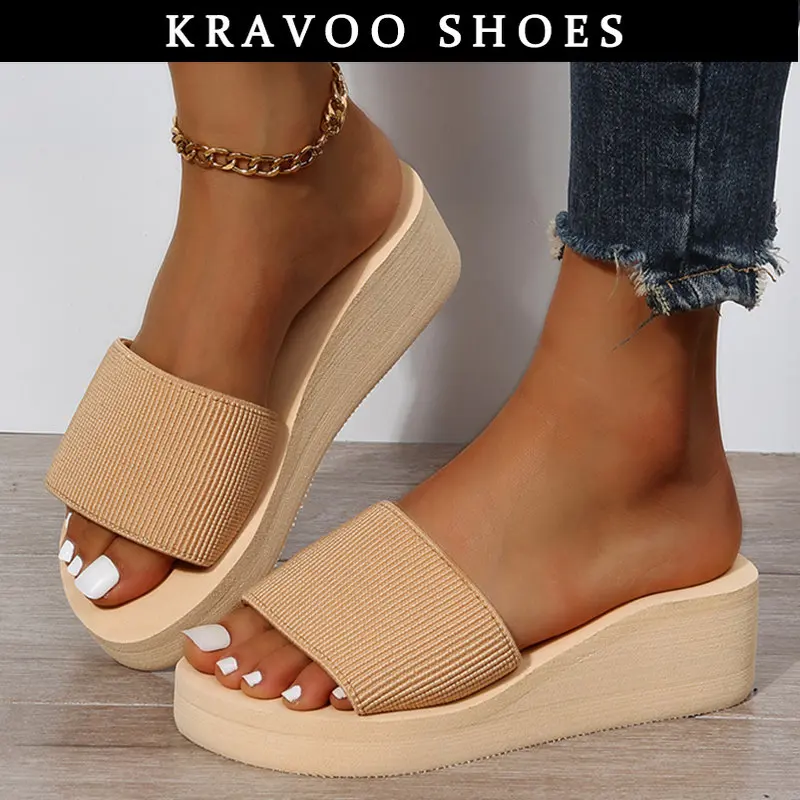 

KRAVOO Knitted Wedges Slippers Women Summer 2023 Chunky Platform Wedge Heels Sandals Woman Light Thick Sole Beach Shoes Mujer