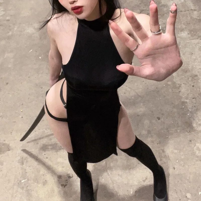 Cosplay High Split Side Sexy Sleeveless Dresses Gothic High Waist Y2k Slim Women Dress Harajuku Summer Night Clubwear