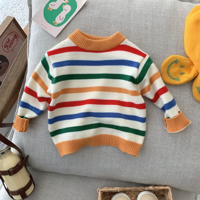Autumn Toddler Girls Striped Knitted Sweater Pullover Kids Cotton Clothes Baby Boys Rainbow Knitwear Outwear Children Undershirt