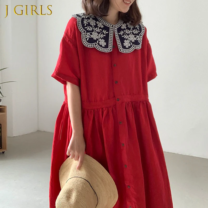 

J GIRLS Women Dress 2021 Summer Korean Fashion Elegant Retro White Flower Embroidered Doll Collar Single Breasted Loose Vestido