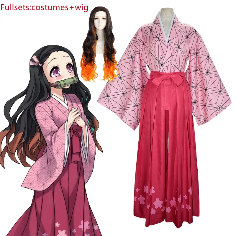 

Anime Demon Slayer Kamado Nezuko Cosplay Costume Kimono Dress Wig Fullsets Performance Girl Woman Role Playing