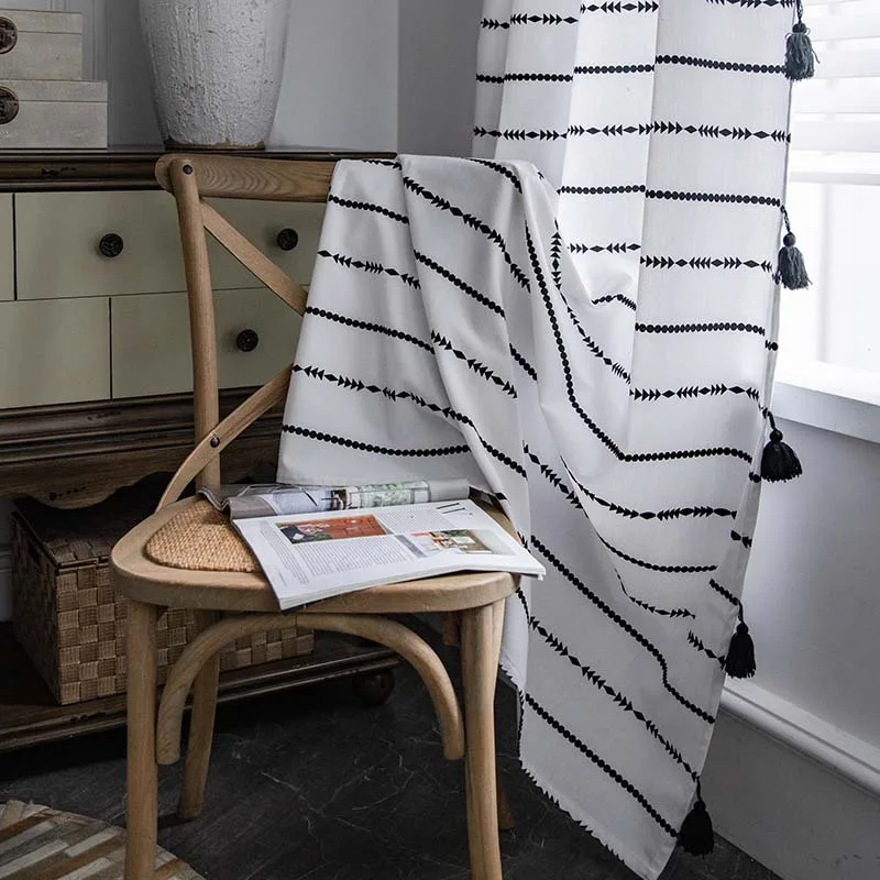 American Curtains Bohemian Black Stripes Printed Handmade Large Hanging Spikes Translucent Three Ways Rod Punch Hook |