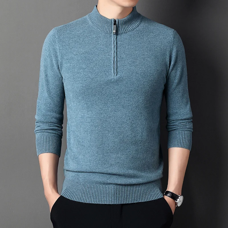 pure half Men's sweater thickened sweater 200 high collar solid color zipper casual knit bottoming shirt in winter