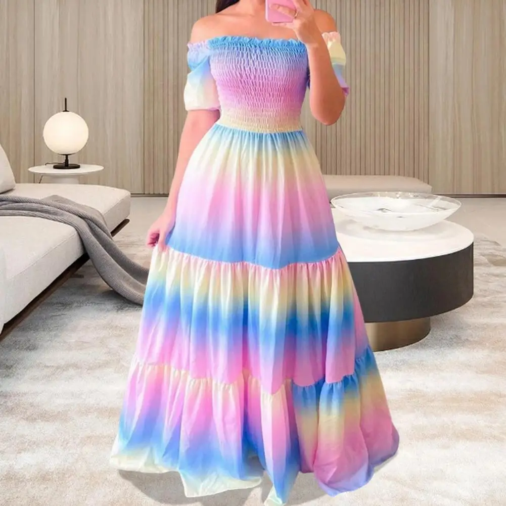 

Tight Waist Flower Print Rainbow Color Prom Dress Butterflies Pattern Off Shoulder Banquet Dress Off Shoulder Princess Dress
