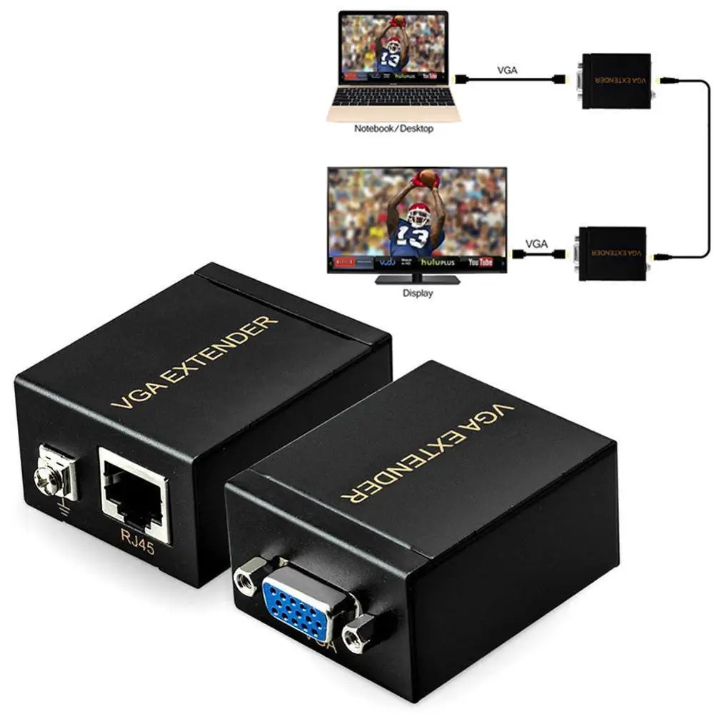 

Extensor de señal VGA a RJ45, convertidor de amplificador sobre CAT-5E/6, transmisor y receptor de Cable Ethernet, 60M