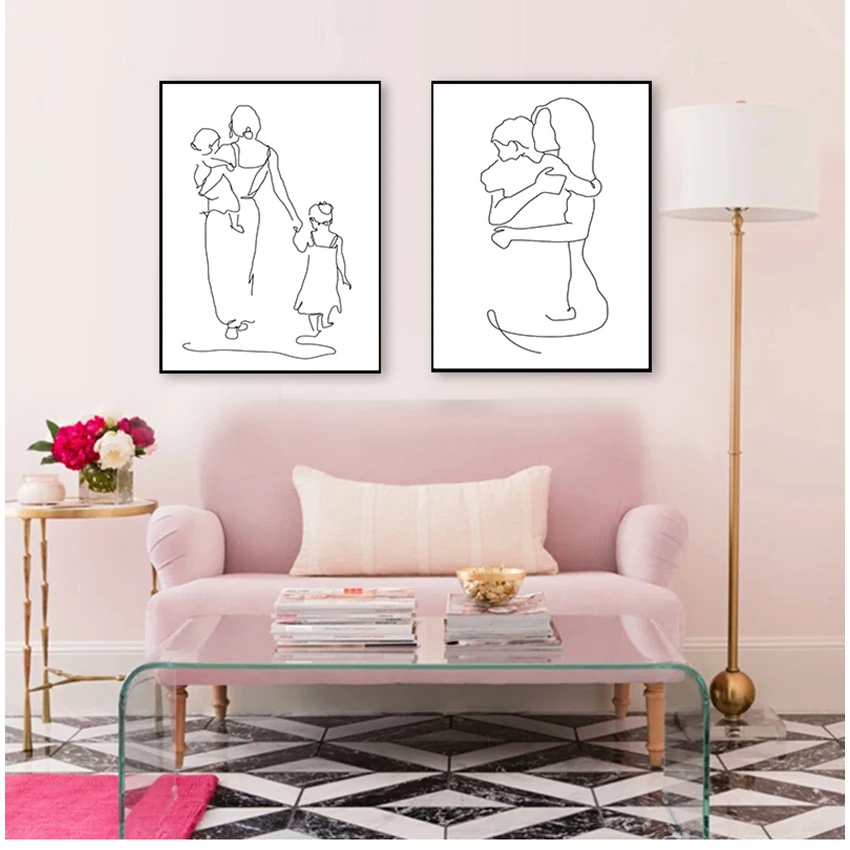 

Art Canvas Print Painting Moder Decorative Pictures Mother and Daughters Son Art Line Drawing Posters Abstract Minimalist Wall