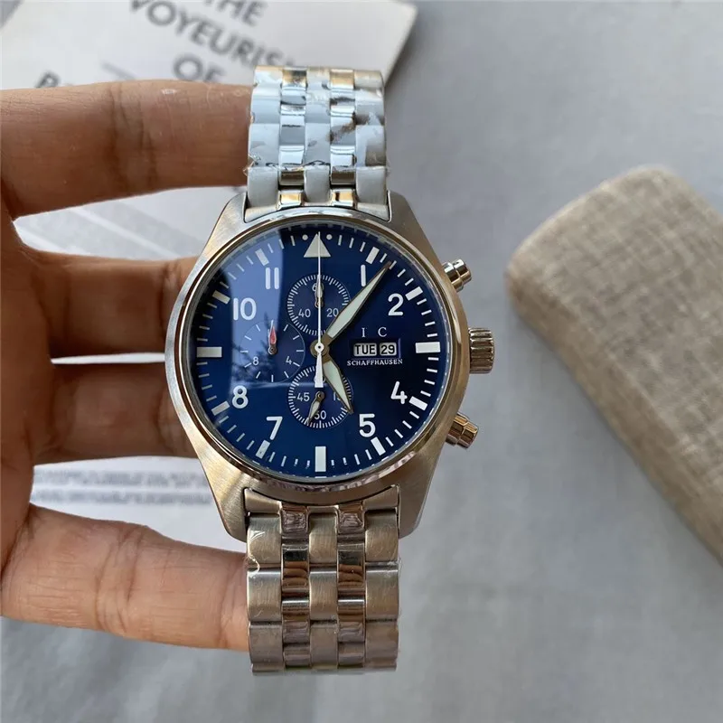 

2023 Top Original Luxury Brand AAA Pilot Chronograph Silver Case Mens Belt Multifunctional Quartz Chronograph Movement IWC Watch